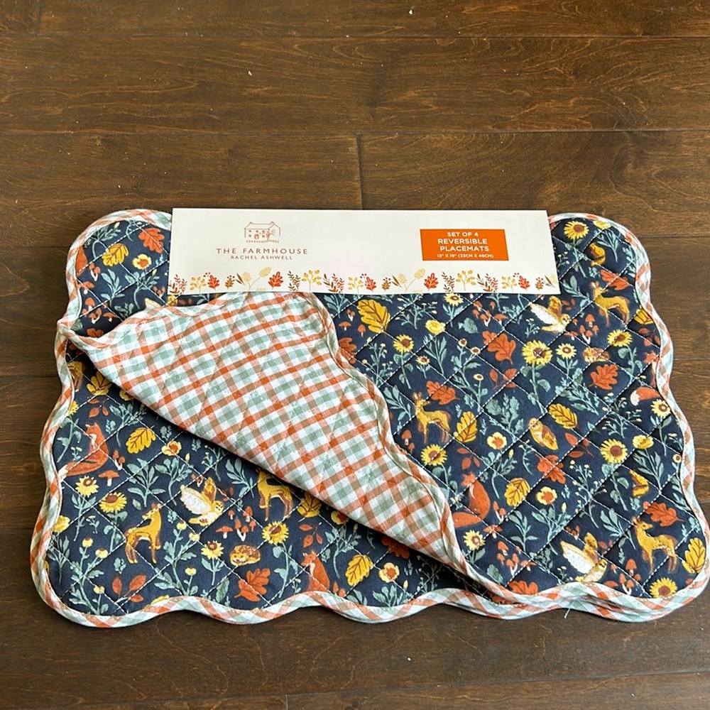 Rachel Ashwell Quilted Placemats set Of 4 New Fox Fall Autumn Sunflowers